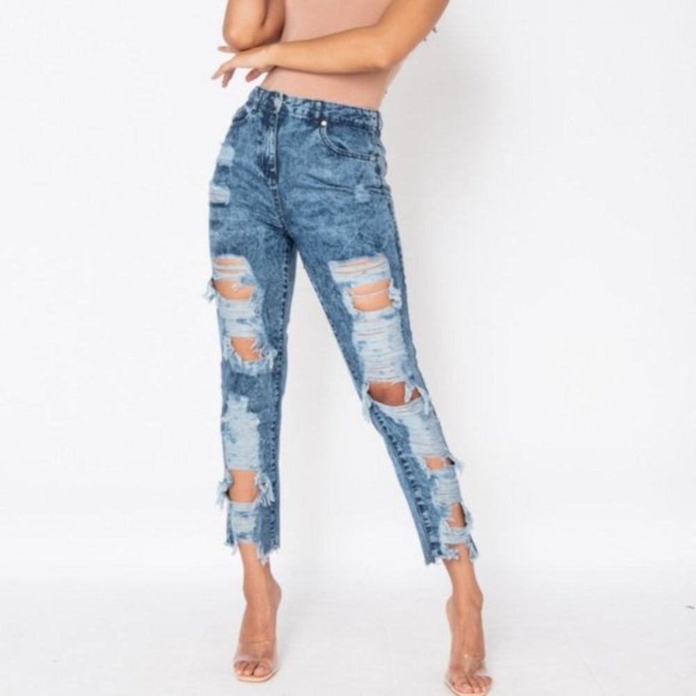 Blue Acid Wash High Waist Ripped Distressed Boyfriend Jeans Denim - Picture 7 of 9